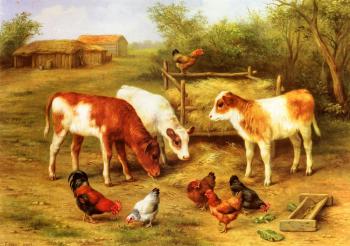 埃德加 亨特 Calves And Chickens Feeding In A Farmyard